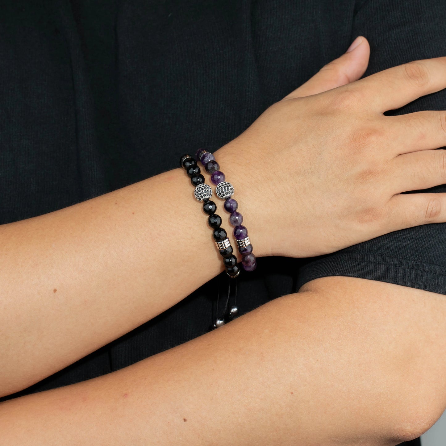 Ajatine purple and black beaded bracelet, adjustable natural stone jewelry