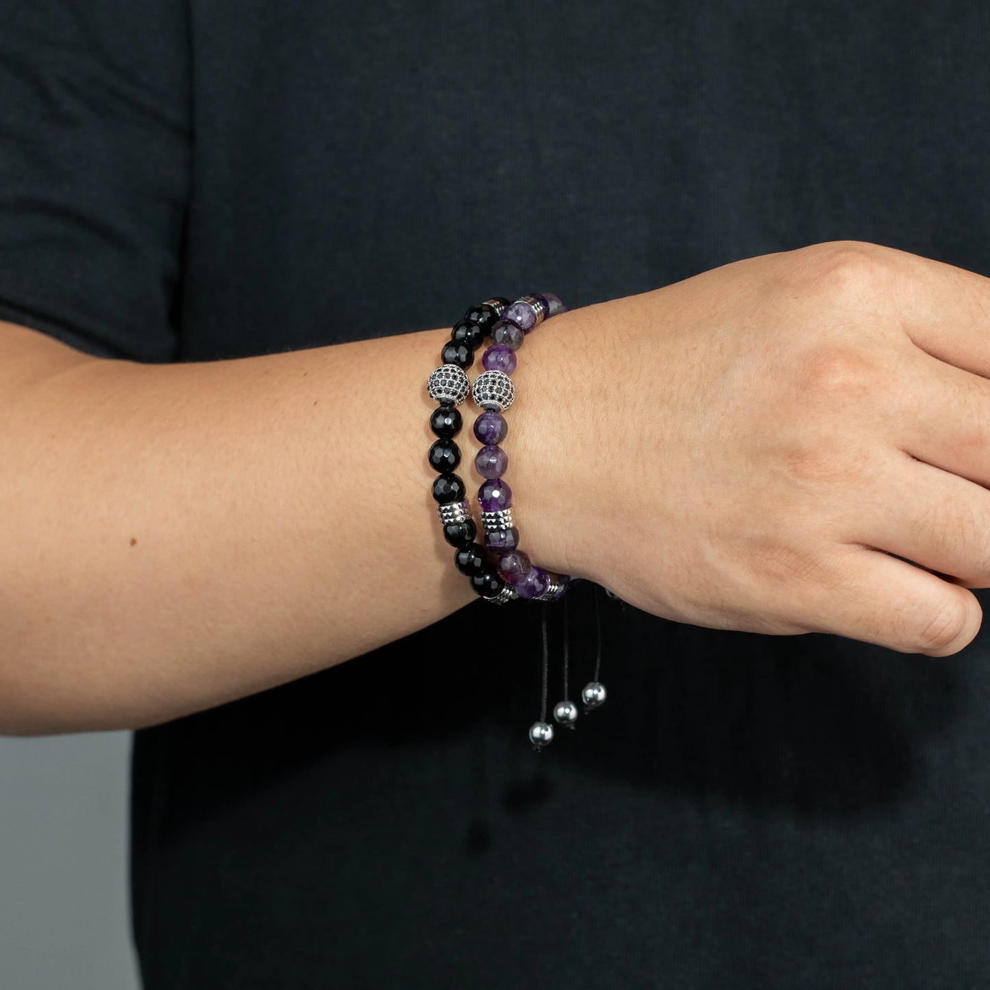 Ajatine black and purple beaded bracelet, adjustable natural stone jewelry
