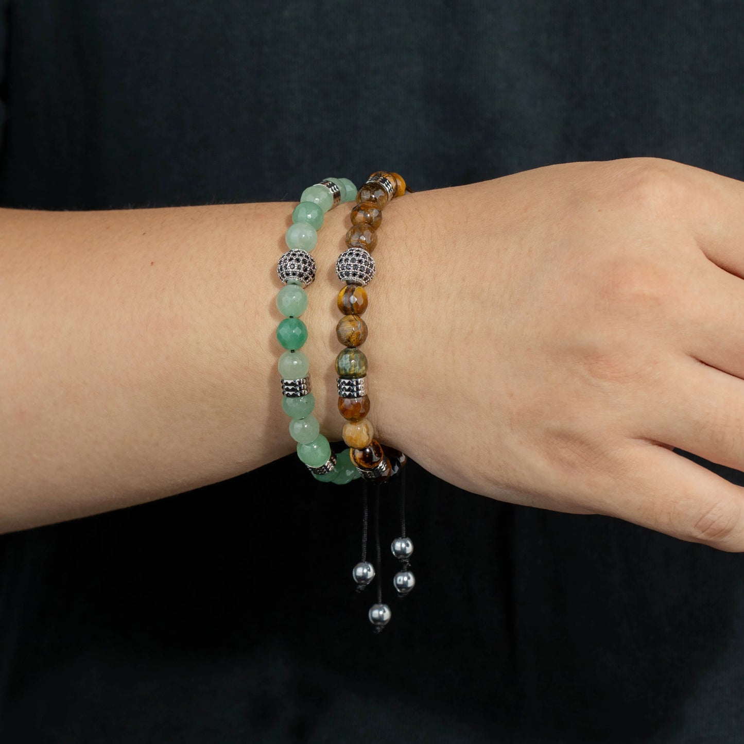 Ajatine tiger eye and green beaded bracelet, adjustable natural stone jewelry