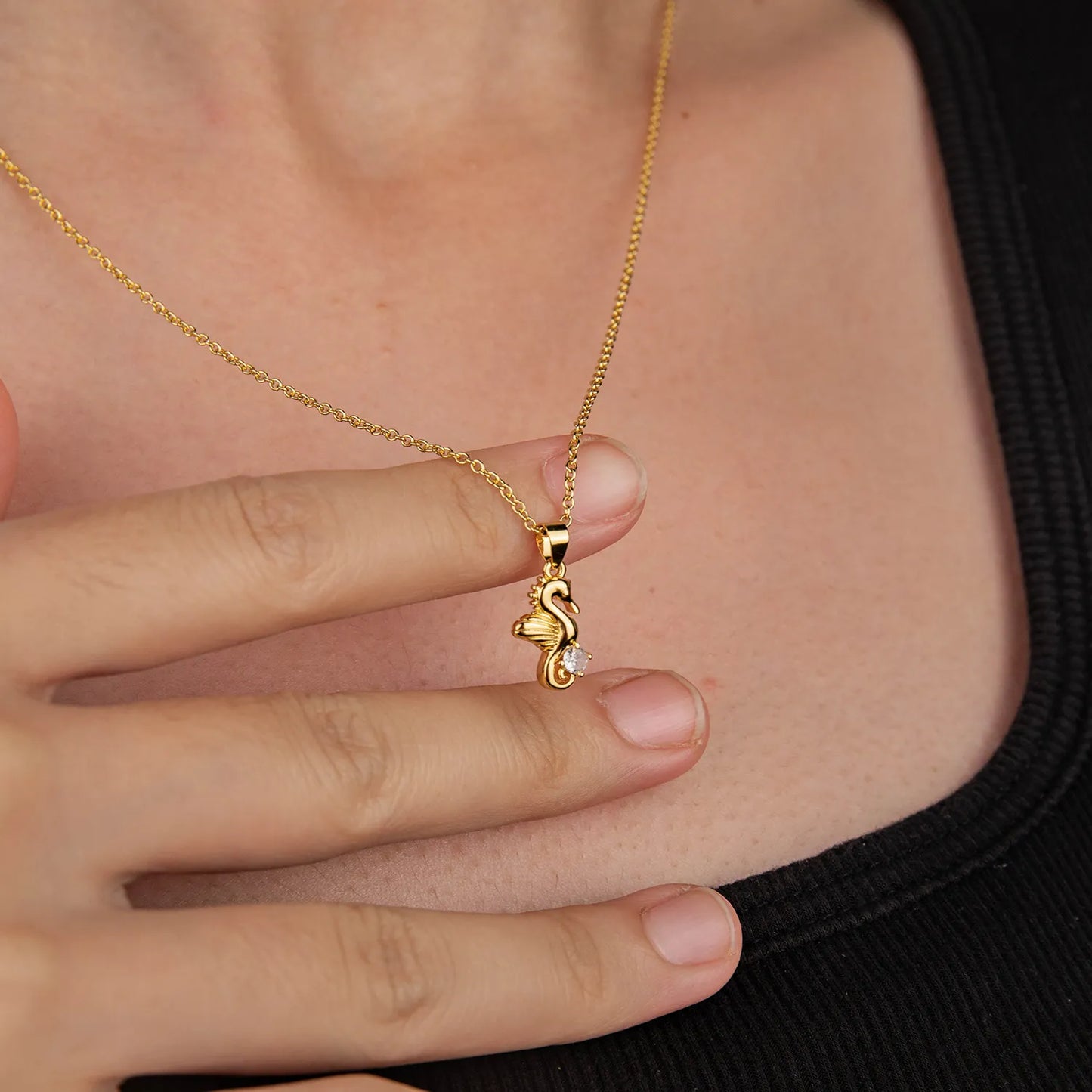 Ajatine gold seahorse pendant necklace, brass with zircon, dainty nautical jewelry for women, beachy everyday wear accessory