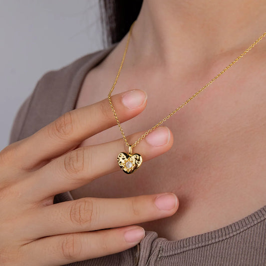 Ajatine brass zircon heart pendant necklace with sparkling cubic zirconia, 14K gold plated design for women’s daily & occasion wear
