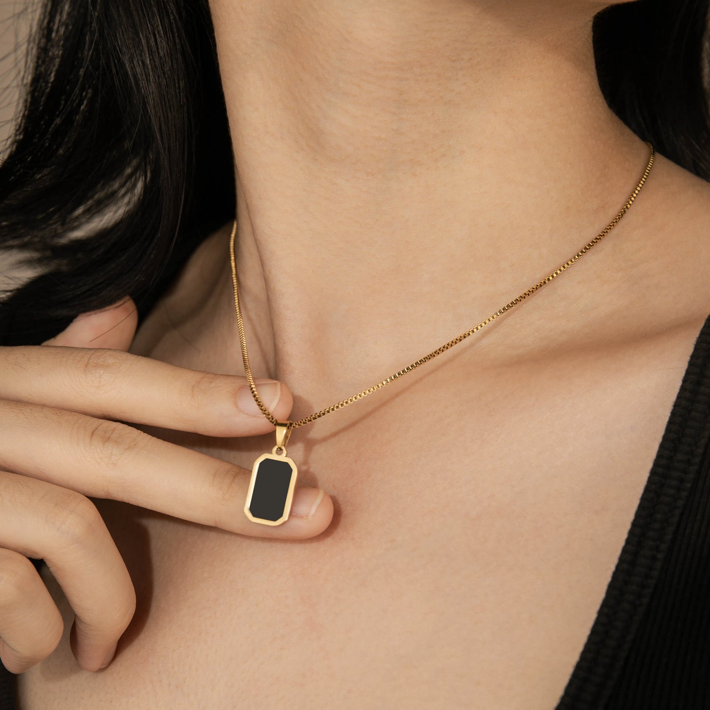 Ajatine black rectangular pendant necklace, dainty minimalist stainless steel necklace