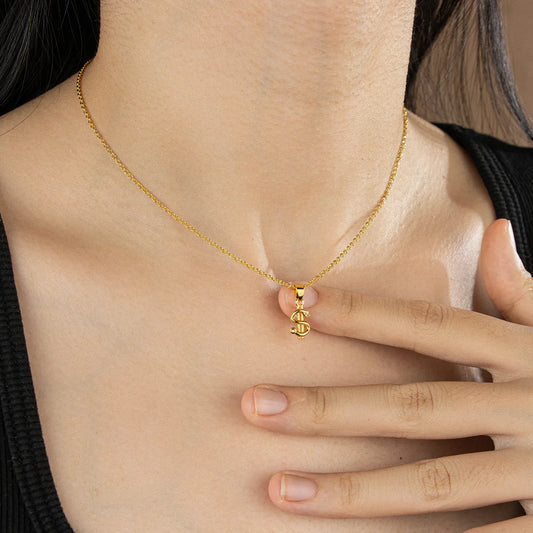 Trendy gold dollar sign pendant necklace with subtle sparkles, a stylish accessory for everyday wear and party occasions