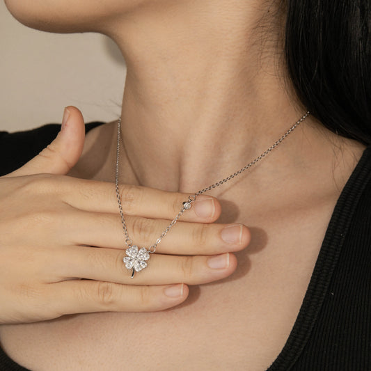 Ajatine four leaf clover necklace, silver crystal pendant, lucky jewelry