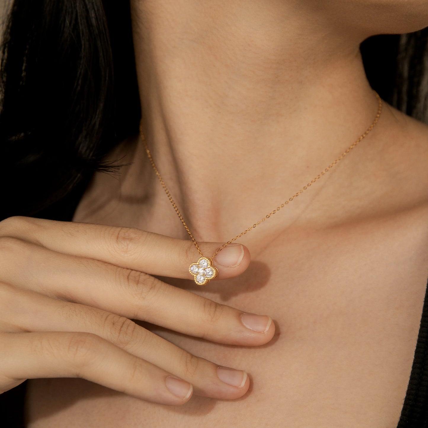 Ajatine gold clover necklace with cubic zircon, dainty pendant jewelry
