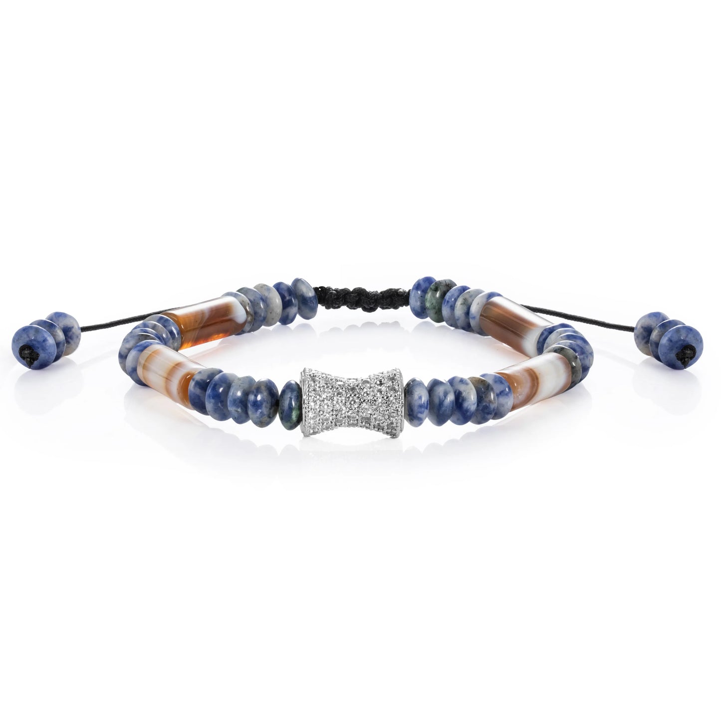 Ajatine brown - blue natural stone beaded bracelet with crystal accent, adjustable handmade jewelry