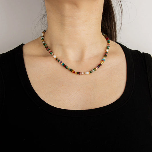 Ajatine natural stone colorful beaded necklace, multicolor stone boho statement necklace