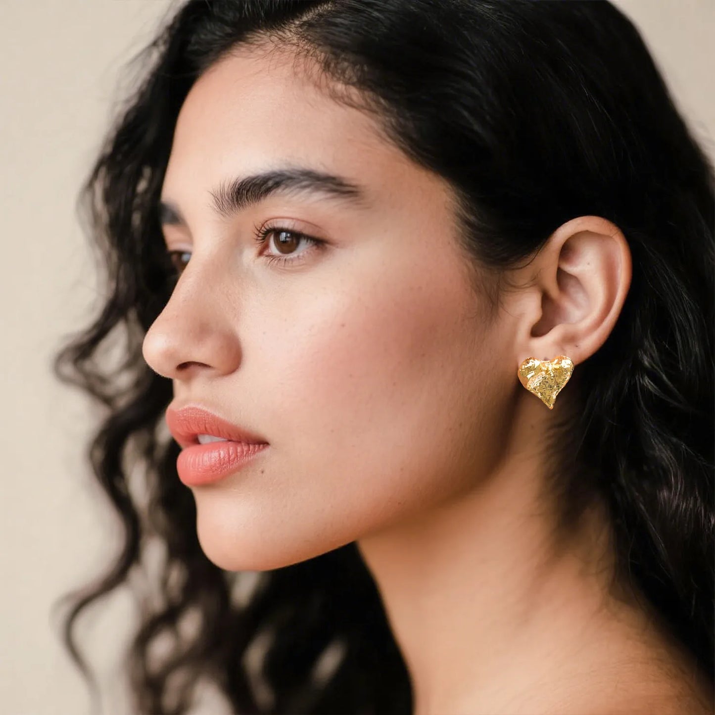 Ajatine textured gold heart earrings, unique romantic statement jewelry for women