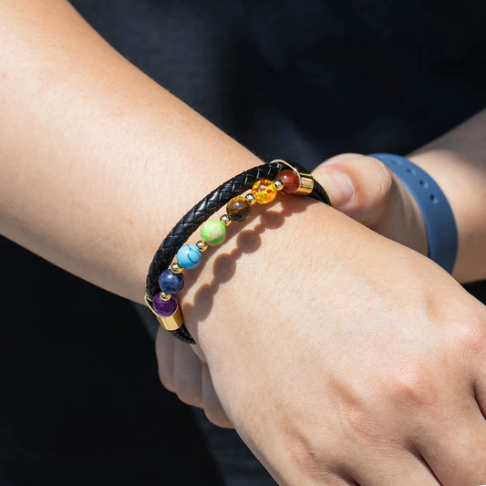 Beaded Bracelet 7 Color Beads Natural Stone Leather Bracelet for Men