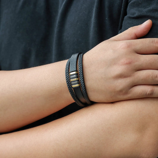 Black Braided Leather Bracelet with Multi Layered for Men