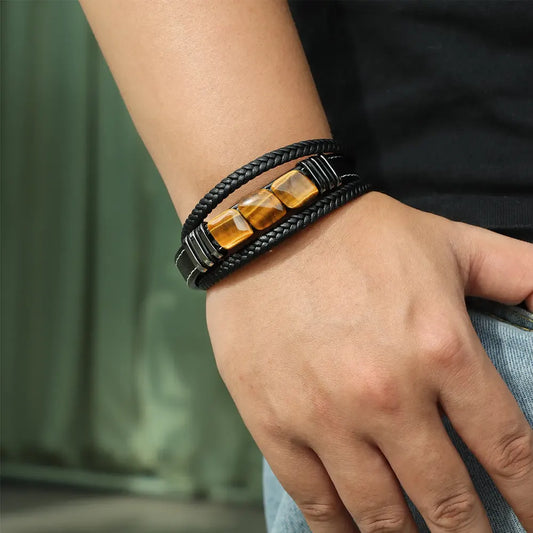 Braided Tiger Eye Stones Bracelet for Men Gift