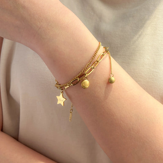 Charm Bracelet with Gold Tone Double Chain Bracelet