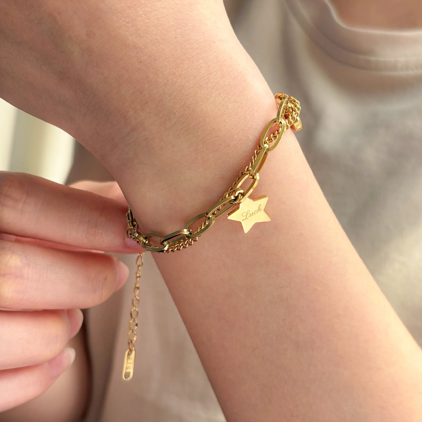 Charm Bracelet with Gold Tone Luck Star Bracelet