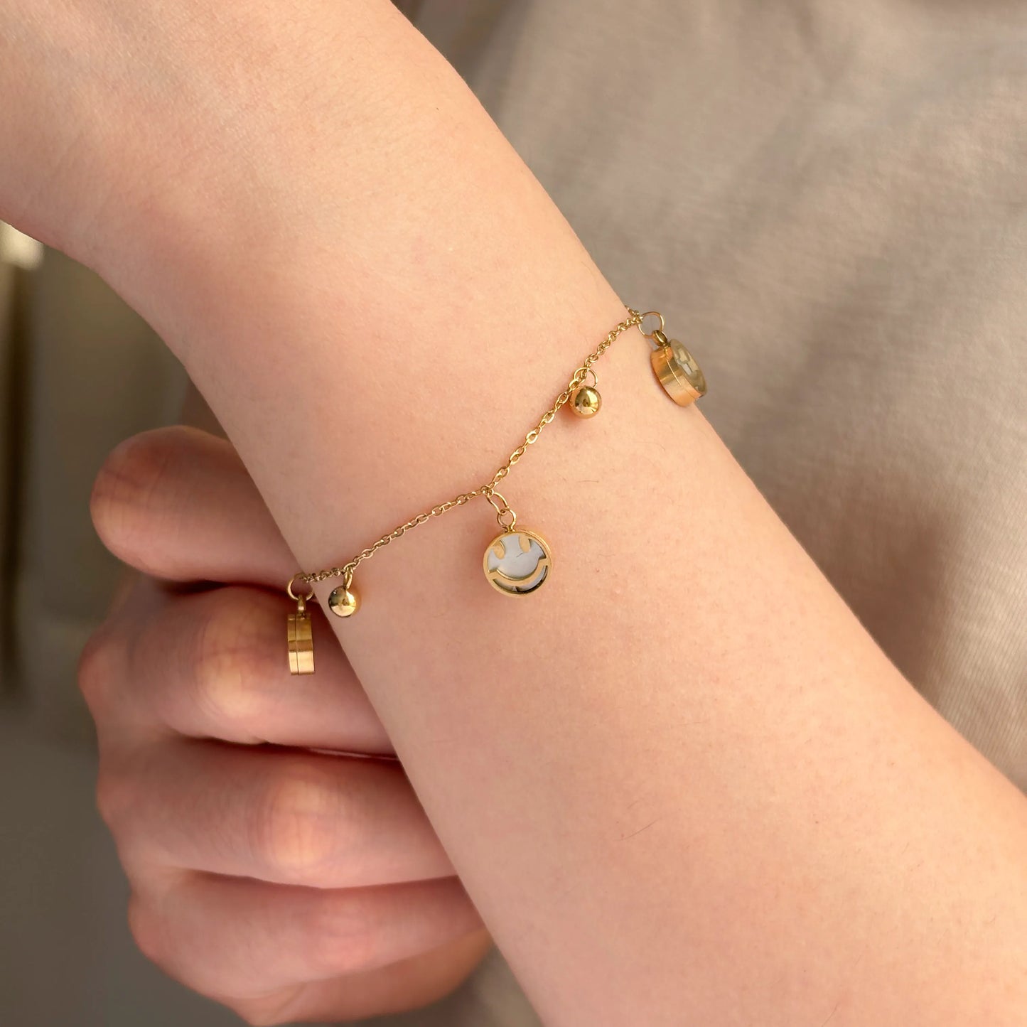 Charm Bracelet with Gold Tone Smiley Face for Women