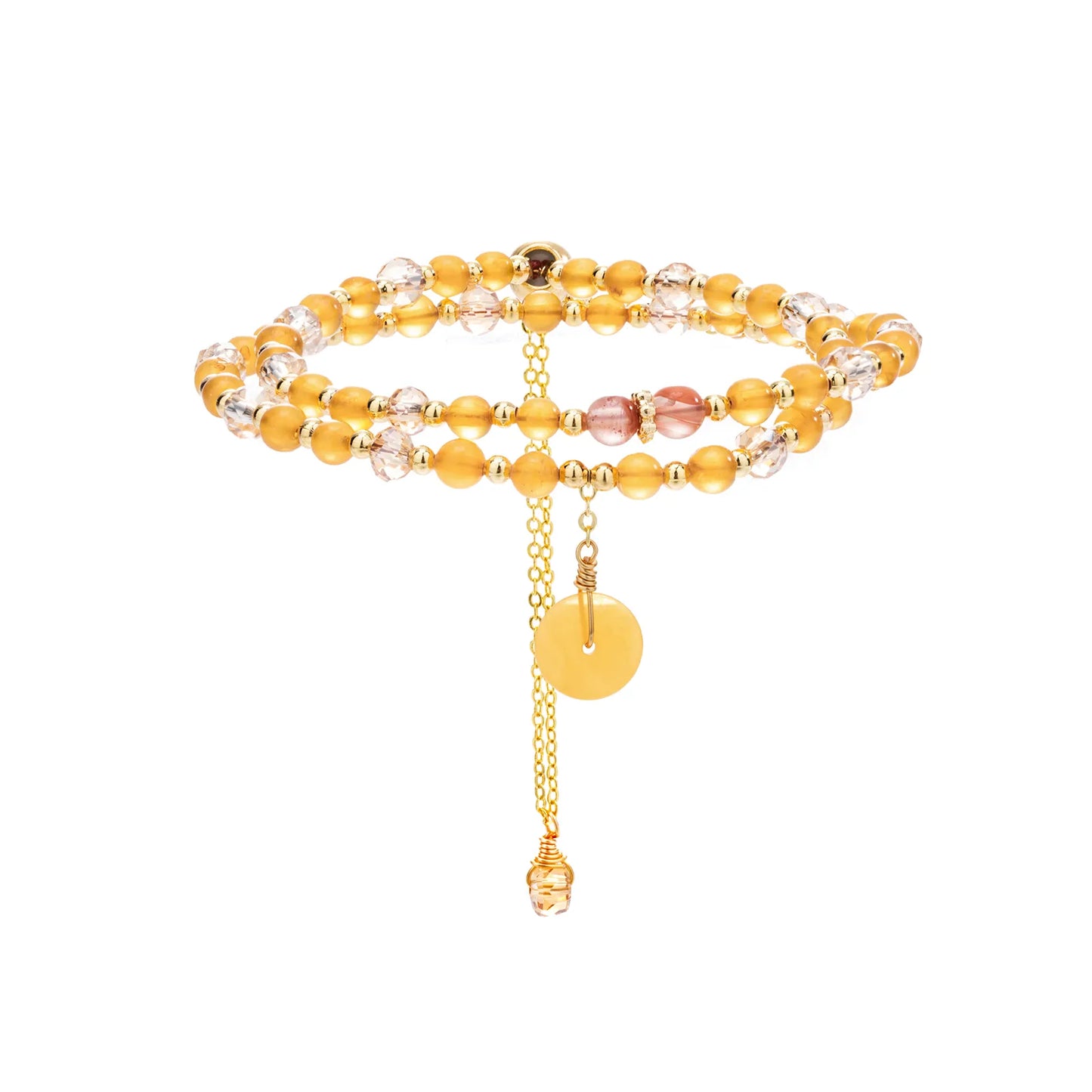 A double - layered beaded bracelet with yellow and light pink beads and a gold - tone disc charm.