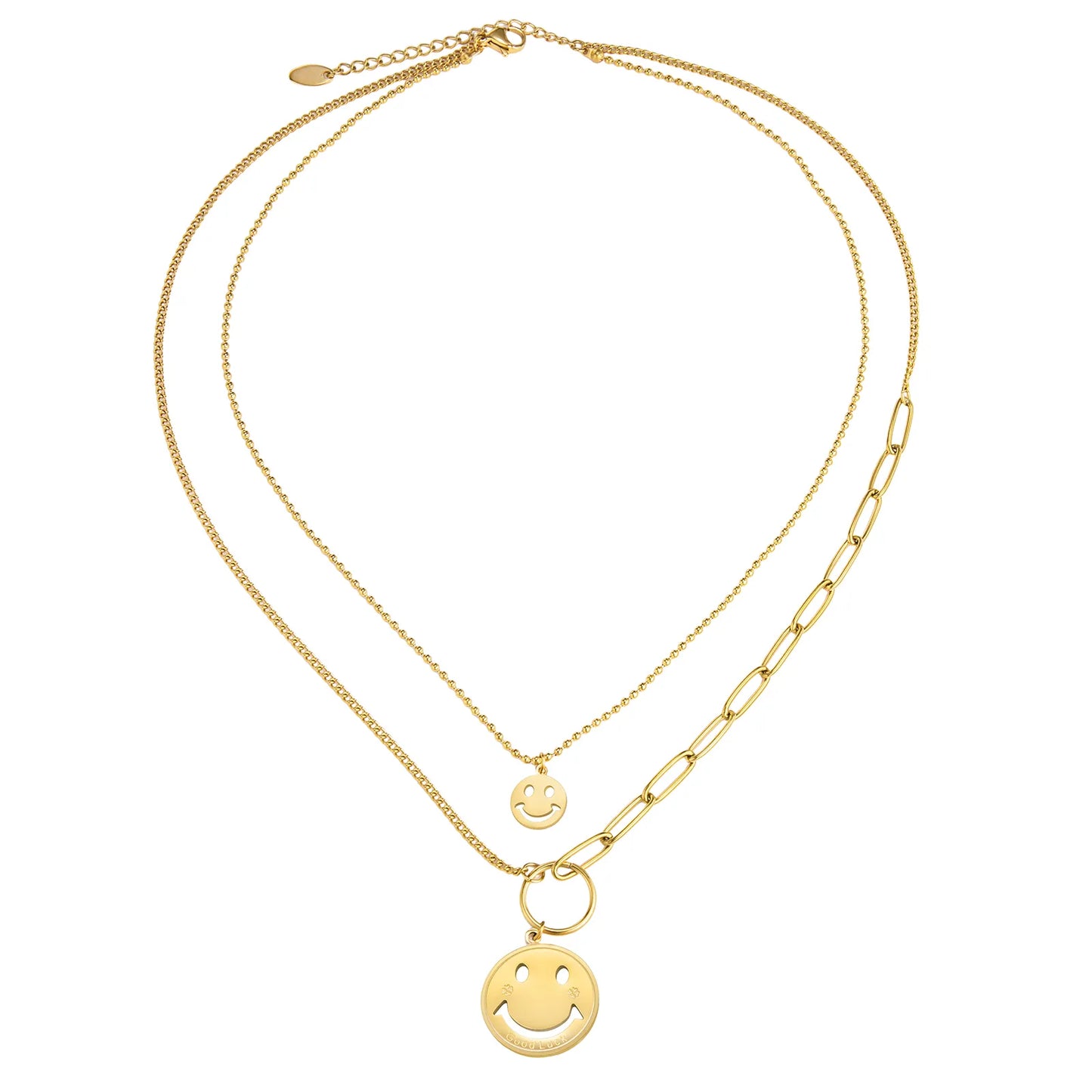 Ajatine gold double layer smiley face necklace, suitable for both daily wear and special occasions.