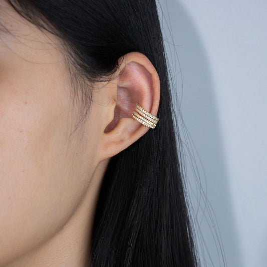 Ajatine gold - tone ear cuffs with four rows of sparkling pave zircons, chic design for fashion wear