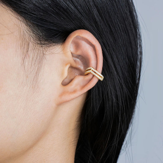 Ajatine gold ear cuffs with double row pave zircon stones, stylish and elegant ear jewelry