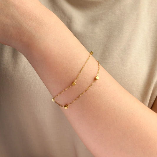 Gold Tone Double Layer Chain Bracelet with Cube Beads for Women