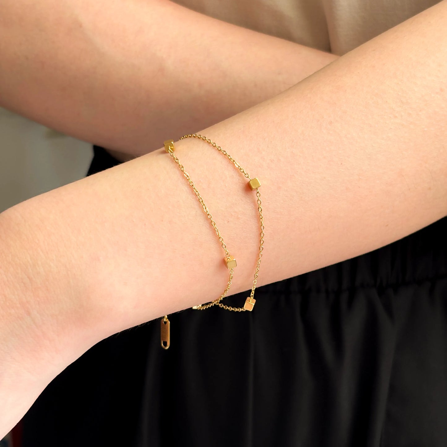 Gold Tone Double Layer Chain Bracelet with Cube Beads for Women