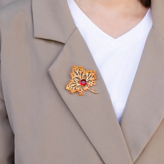 Ajatine gold maple leaf brooch with red zircon, elegant vintage - style luxury jewelry