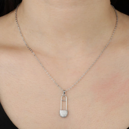 Ajatine silver safety pin necklace with crystal pendant, trendy women's jewelry