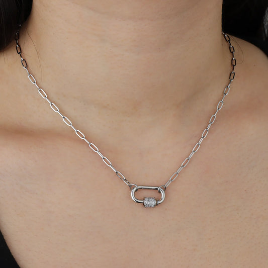 Ajatine lock pendant necklace, silver chain with diamond, minimalist elegant jewelry