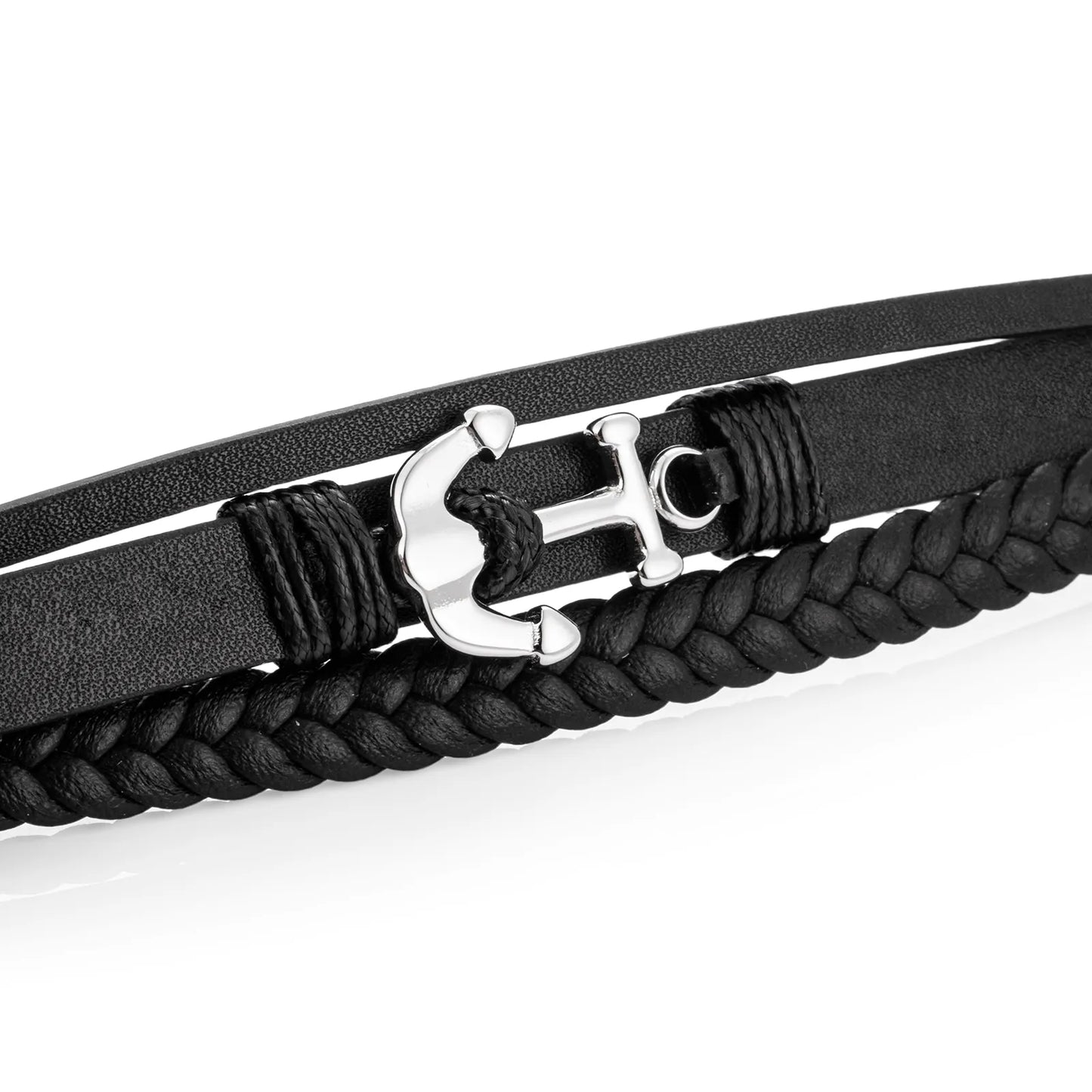 Ajatine men's black braided leather bracelet, anchor design