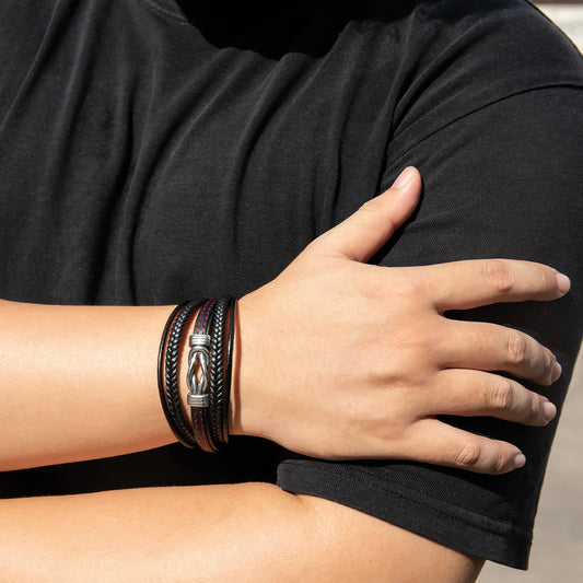 Ajatine multi - layer braided black leather men's bracelet, stylish fashion accessory