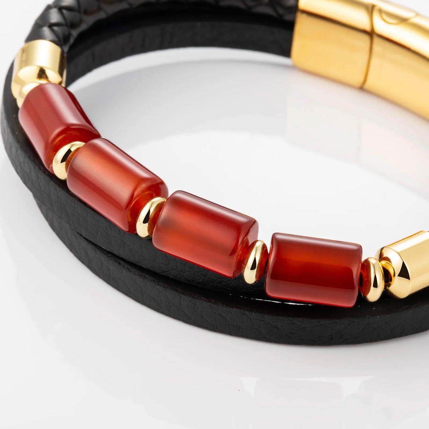 Red Agate Leather Bracelet with Braided Style for Men
