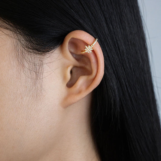 Gold starburst ear cuff with wax-set cubic zirconia for daily and party wear