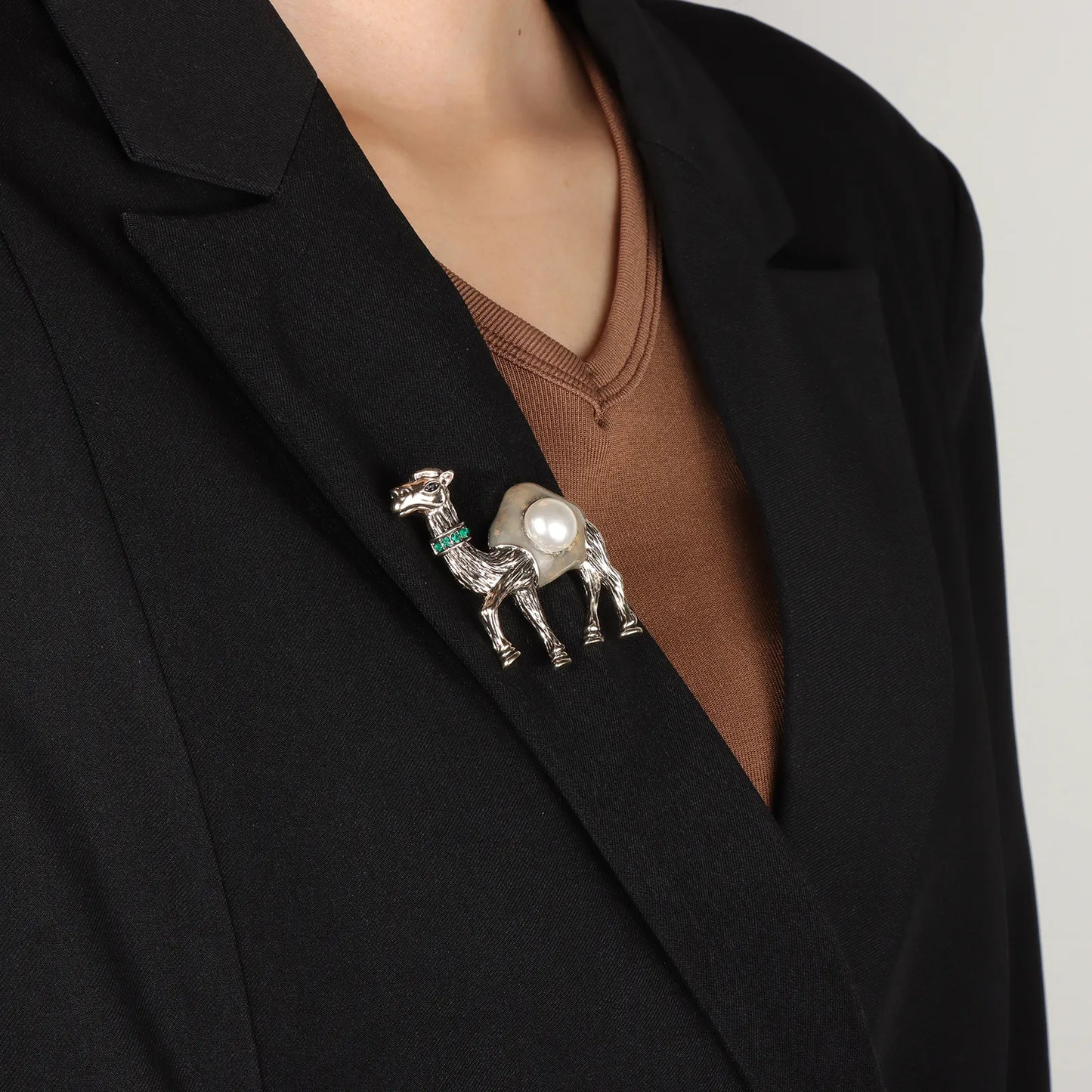 Ajatine vintage silver camel brooch with crystals, unique animal - shaped jewelry accessory
