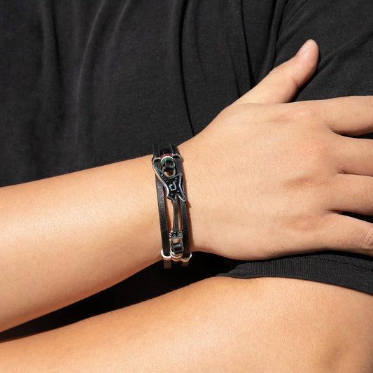Ajatine black leather bracelet with guitar charm, showcasing rock - style music - themed jewelry