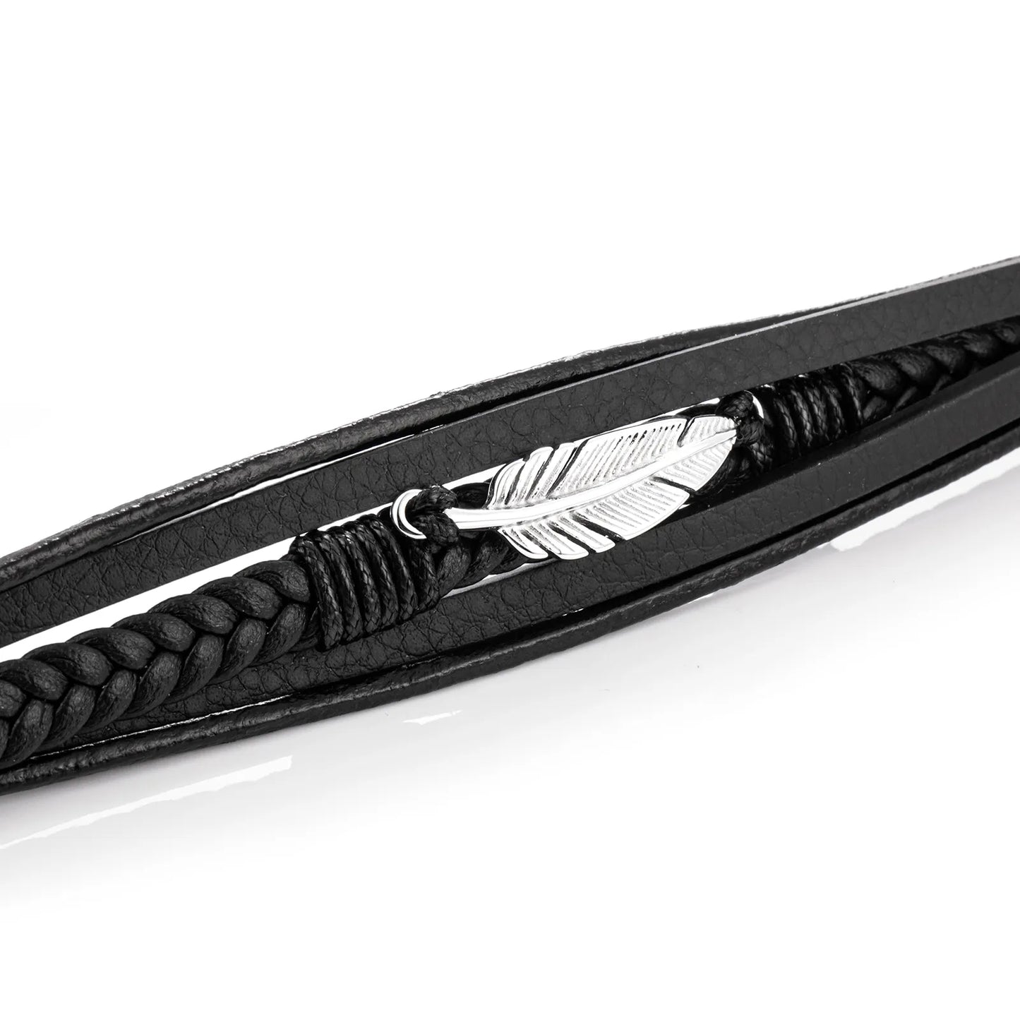 Ajatine black multi - layer leather bracelet with silver feather, men's fashion jewelry