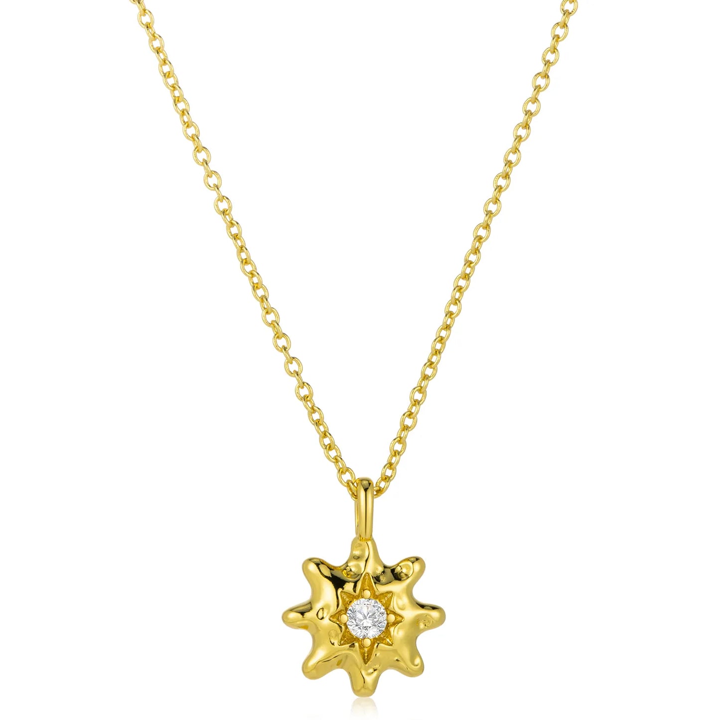 Ajatine 14K gold-plated brass 8-pointed  star necklace (center cubic zirconia), vintage texture, high-quality design.