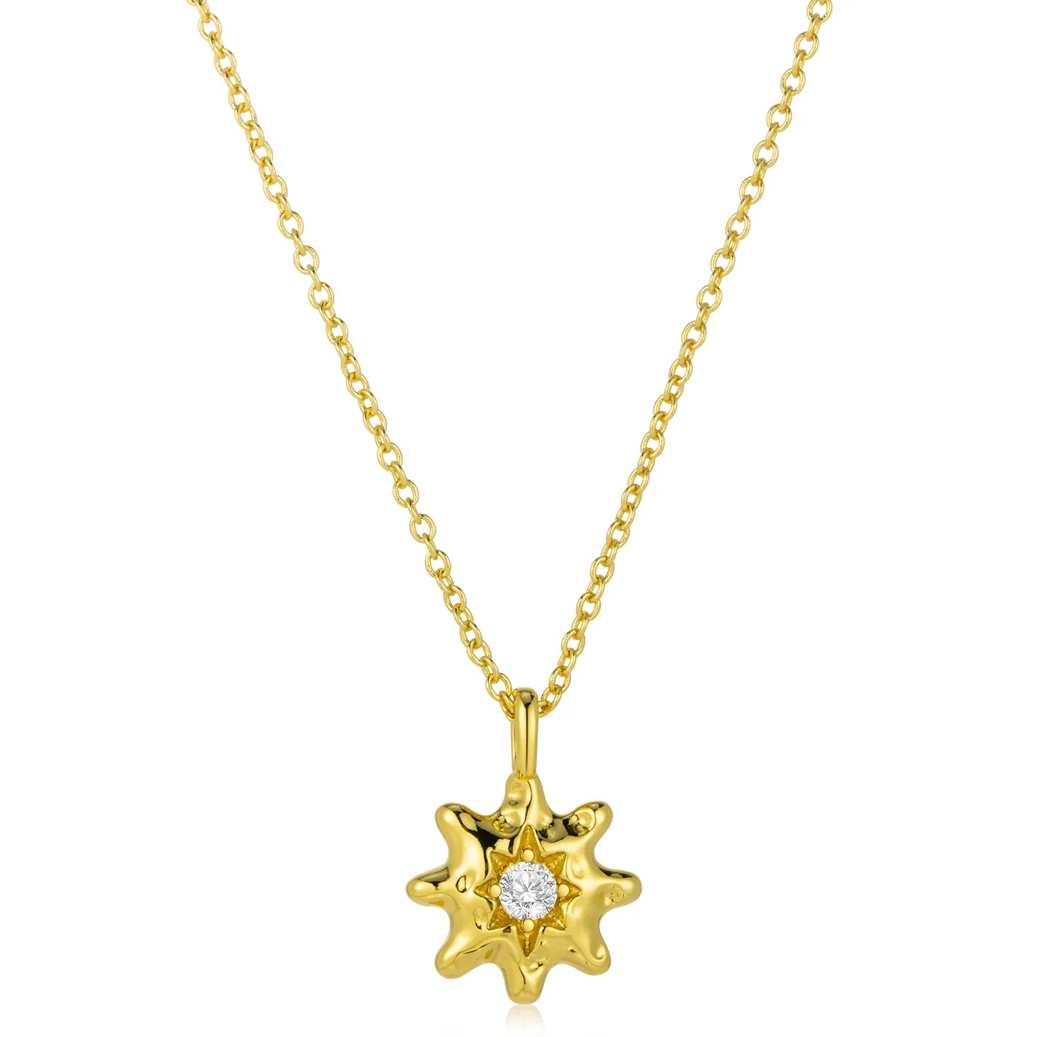 Ajatine 14K gold-plated brass 8-pointed  star necklace (center cubic zirconia), vintage texture, high-quality design.