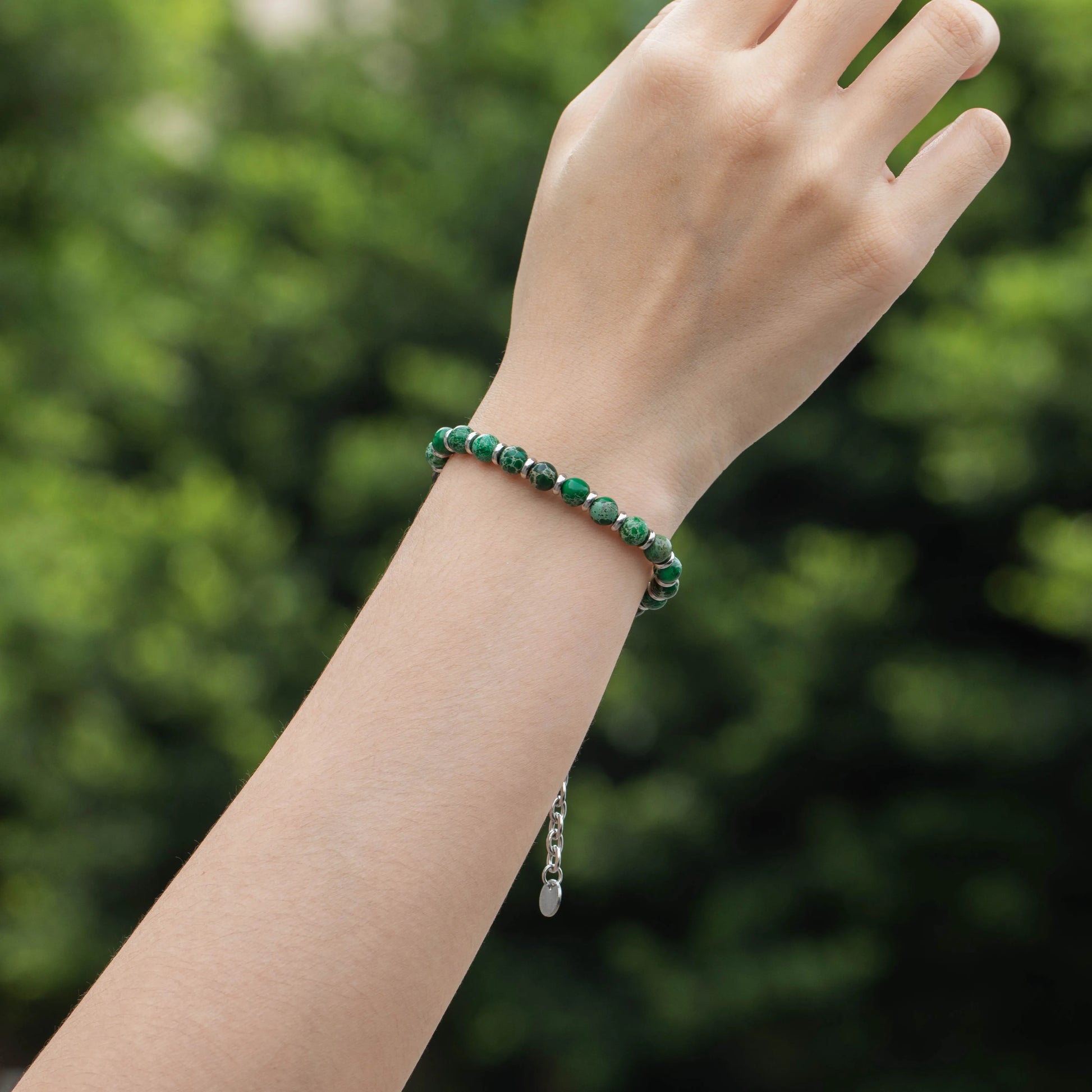 Ajatine natural stone beaded bracelet, green stone bracelet, adjustable chain bracelet.