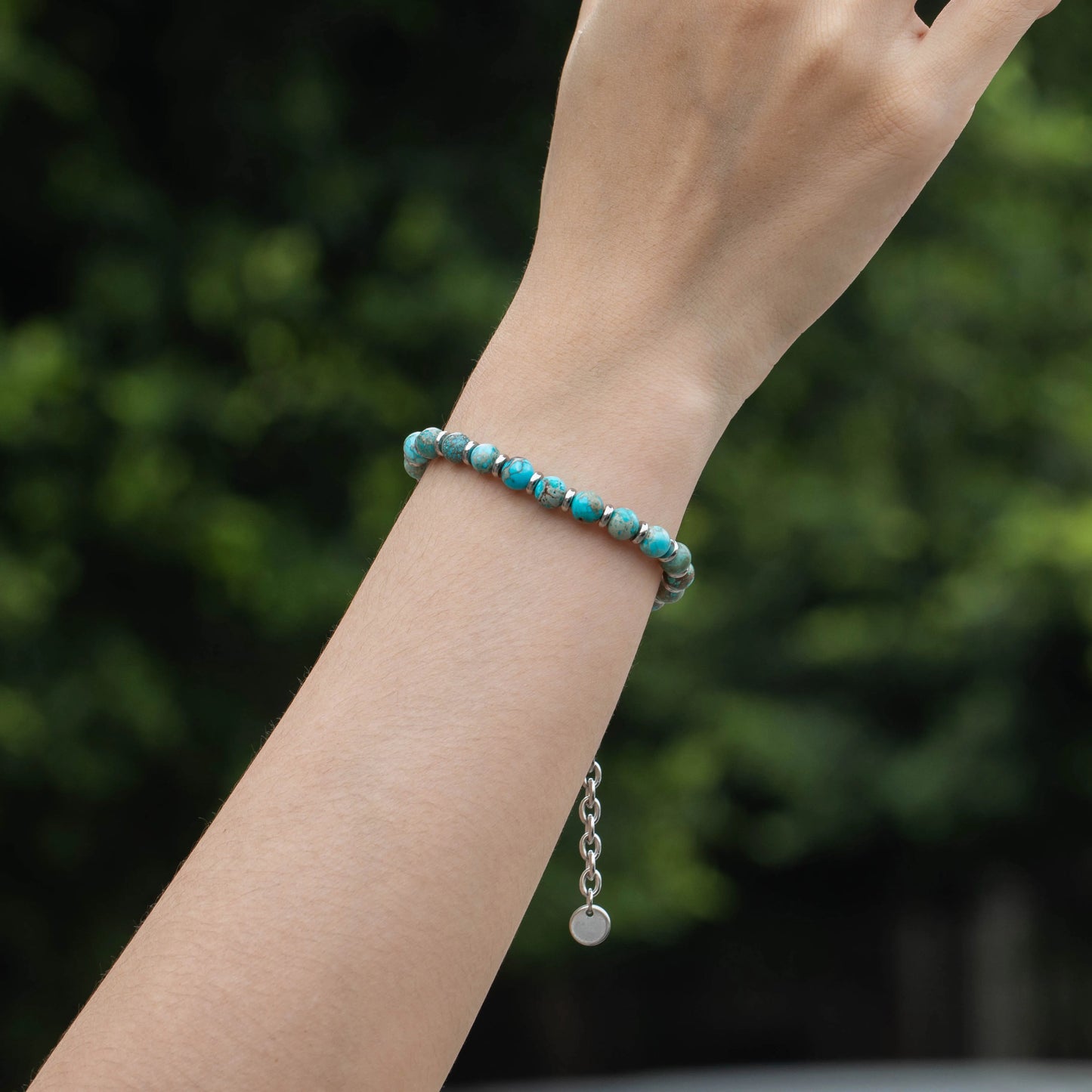 Ajatine natural stone beaded bracelet, light blue stone bracelet, adjustable chain bracelet.
