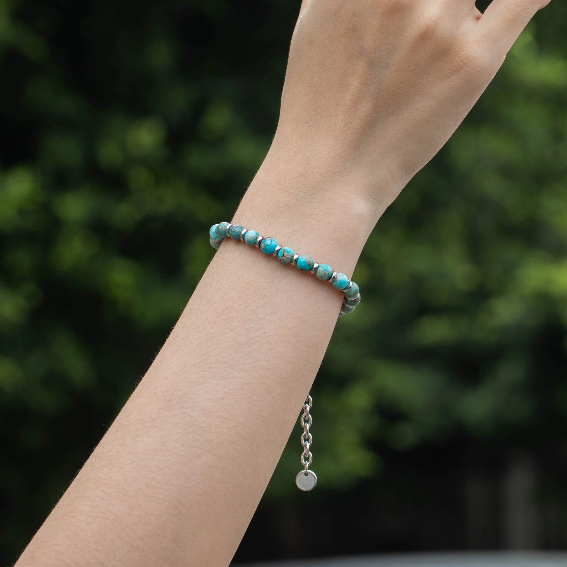 Ajatine natural stone beaded bracelet, light blue stone bracelet, adjustable chain bracelet.
