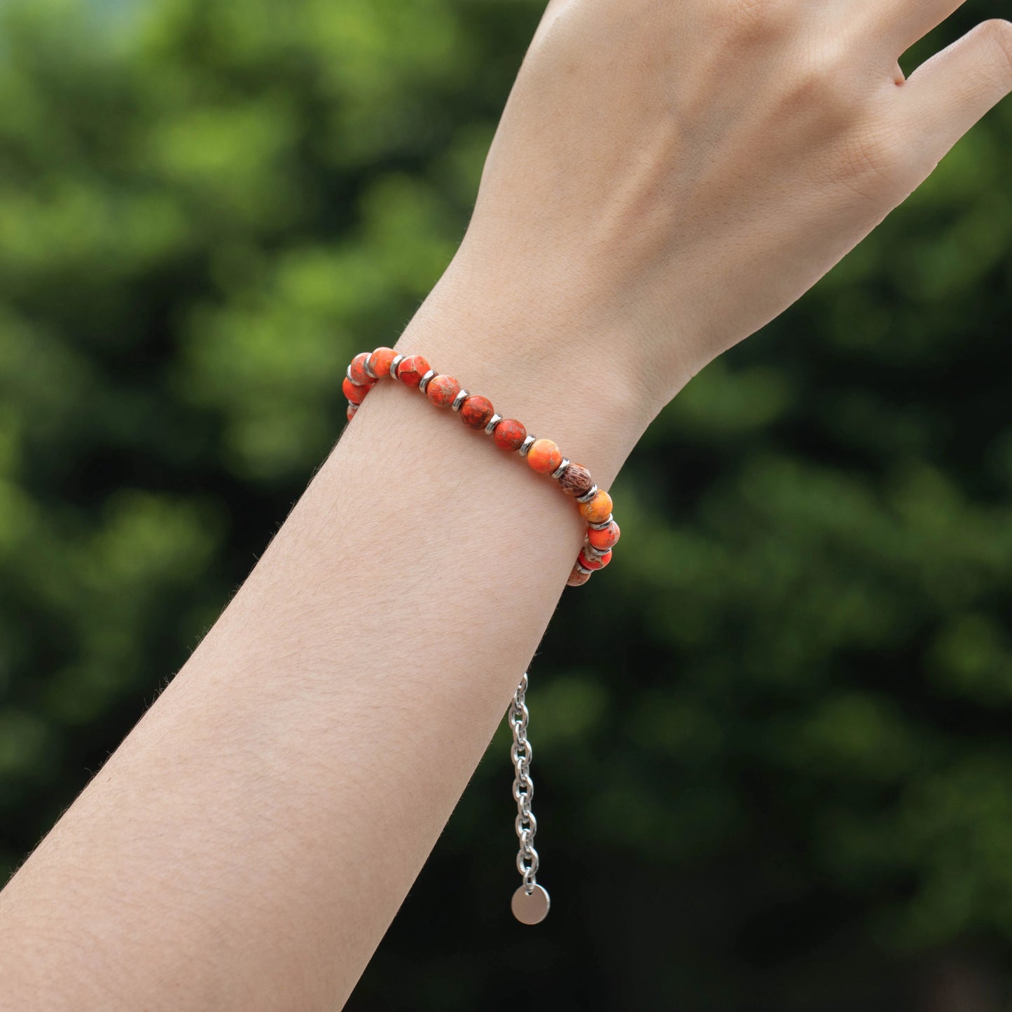 Ajatine natural stone beaded bracelet, orange stone bracelet, adjustable chain bracelet.