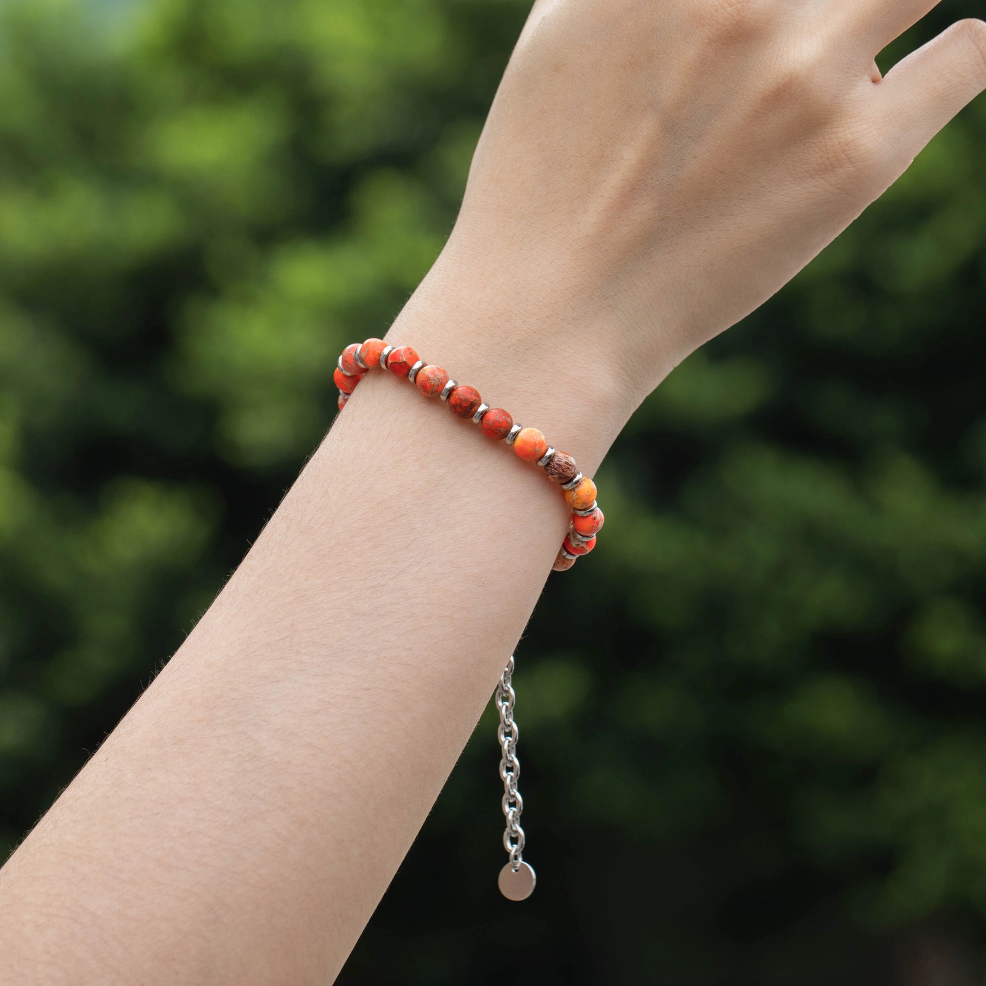 Ajatine natural stone beaded bracelet, orange stone bracelet, adjustable chain bracelet.