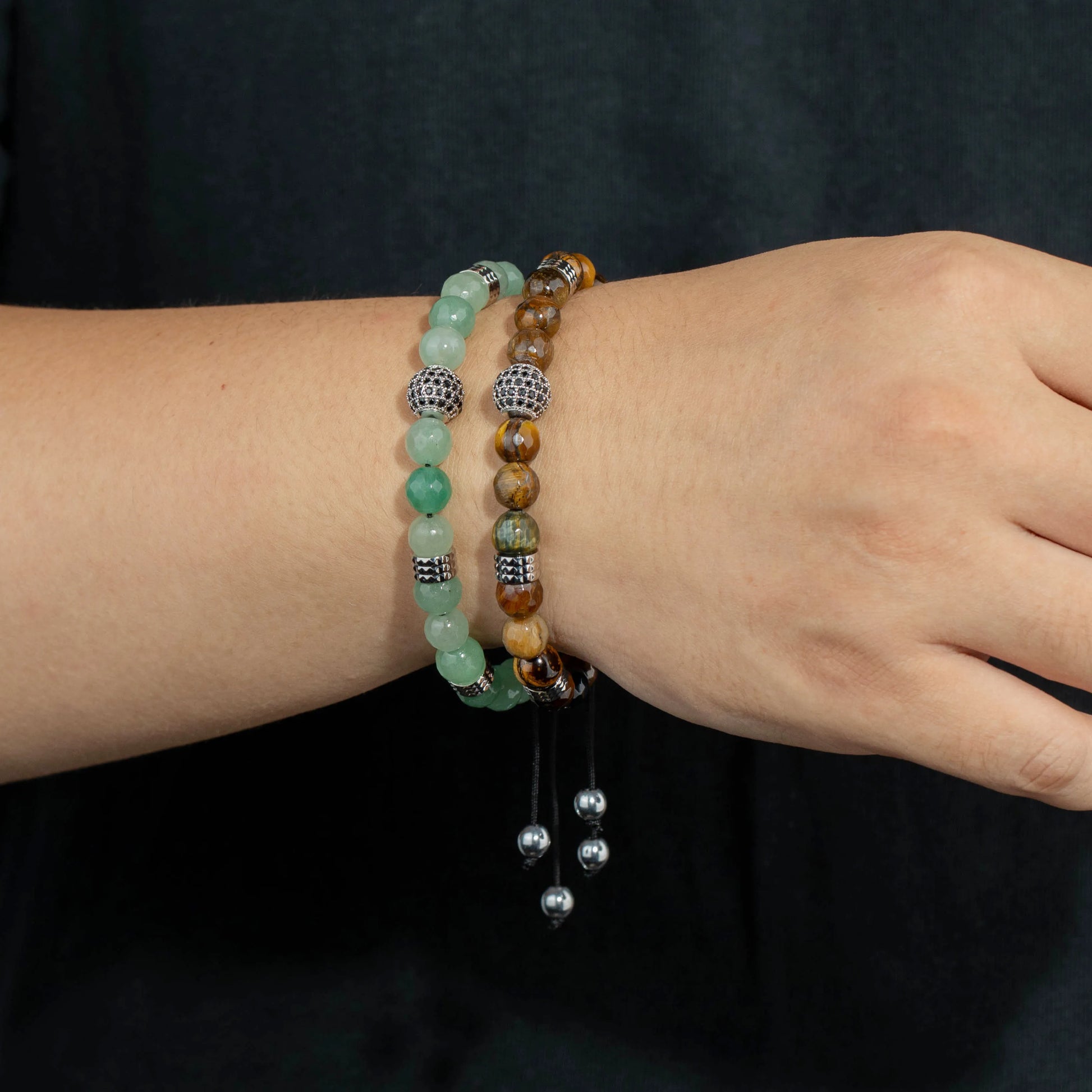 Ajatine tiger eye and green beaded bracelet, adjustable natural stone jewelry