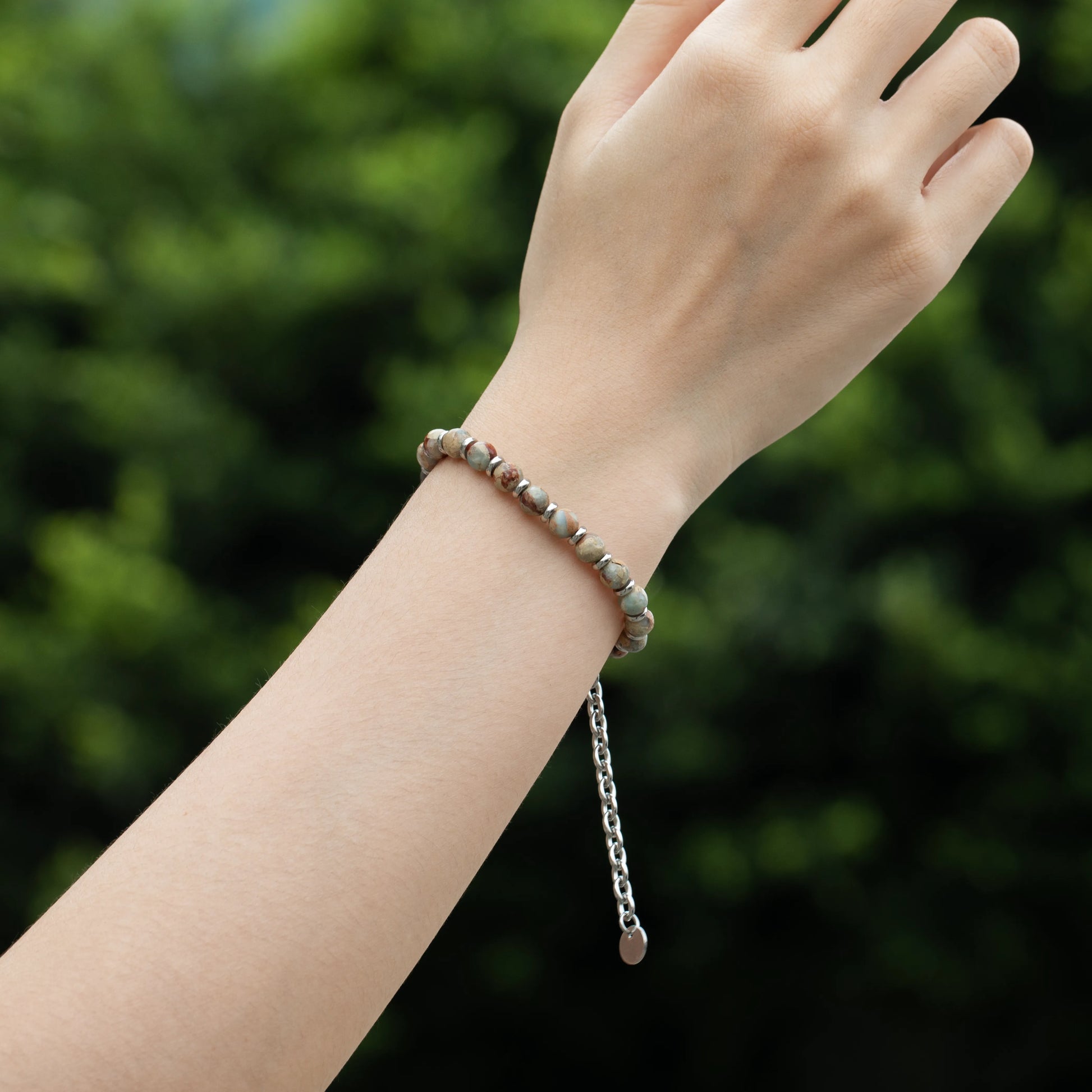 Ajatine natural stone beaded bracelet, woody stone bracelet, adjustable chain bracelet.