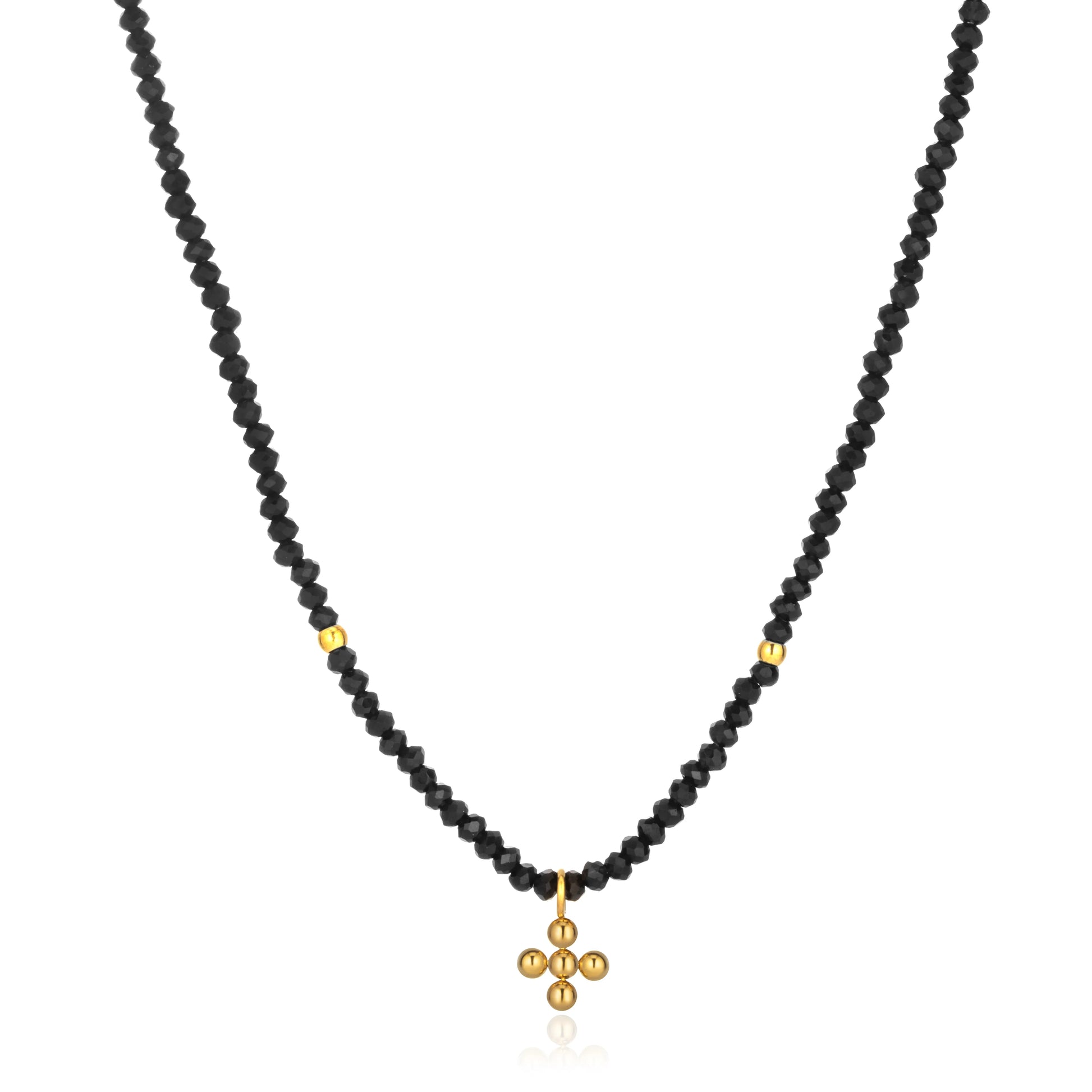 Ajatine black beaded gold cross pendant necklace for women
