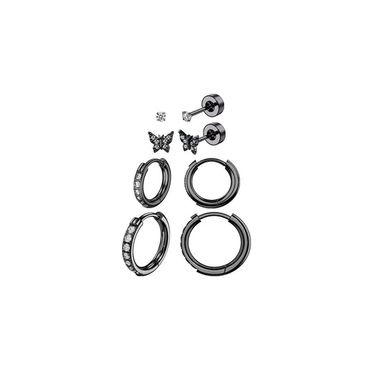 Ajatine black butterfly and hoop earrings set, multi-style stainless steel earrings for women