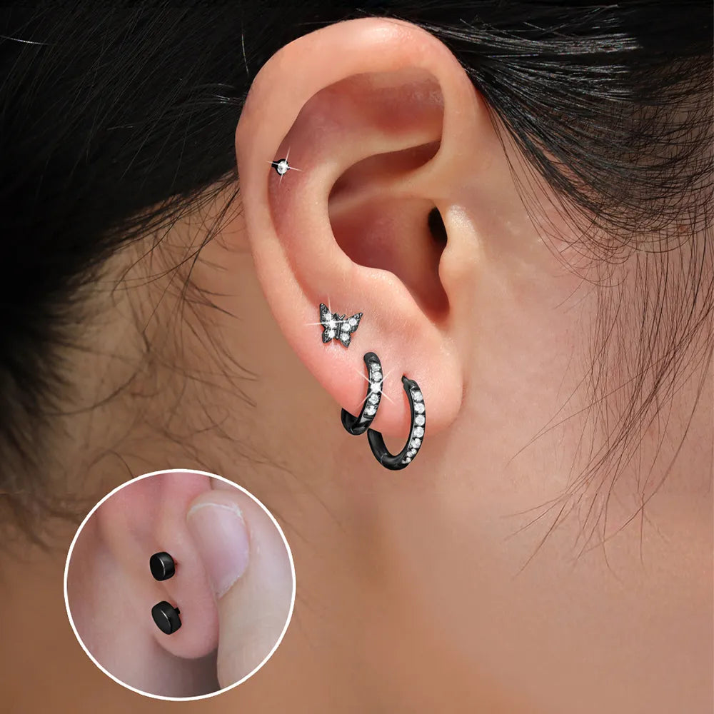 Ajatine black butterfly and hoop earrings set, multi-style stainless steel earrings for women