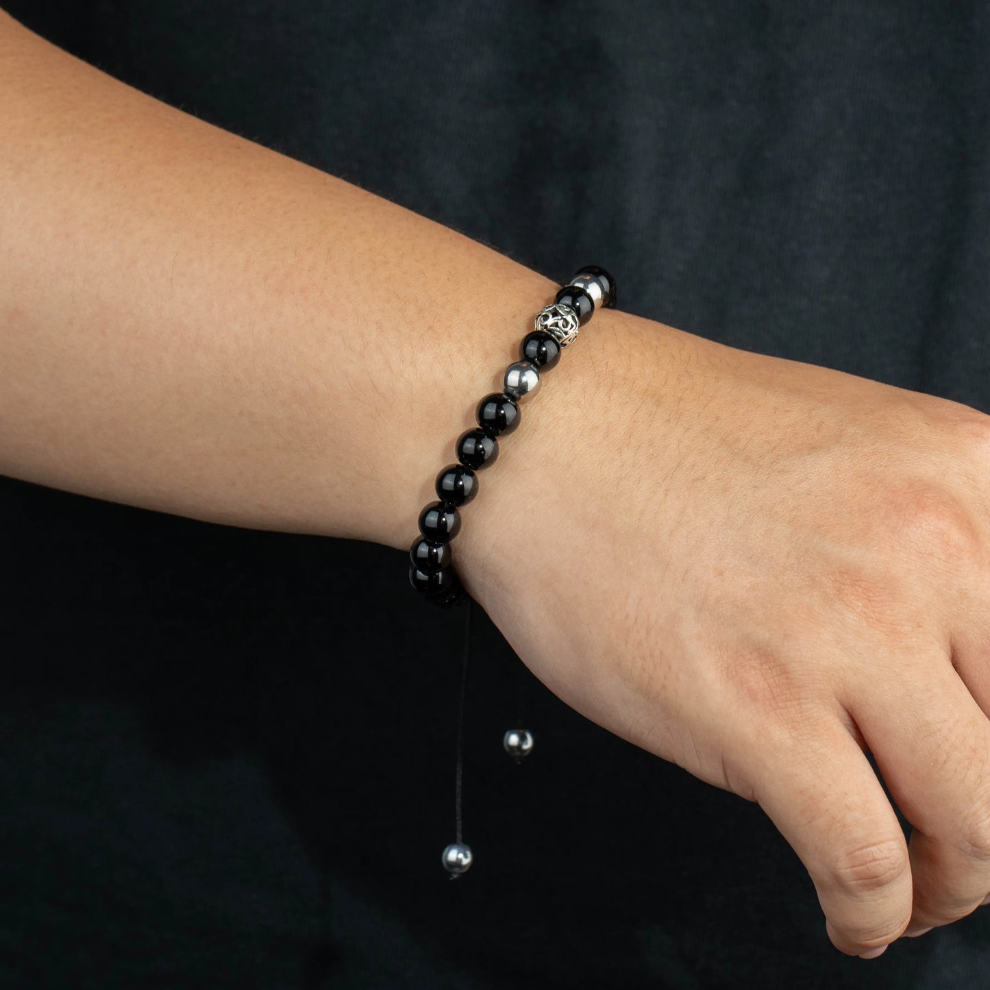 Ajatine black stone beaded bracelet, adjustable boho jewelry
