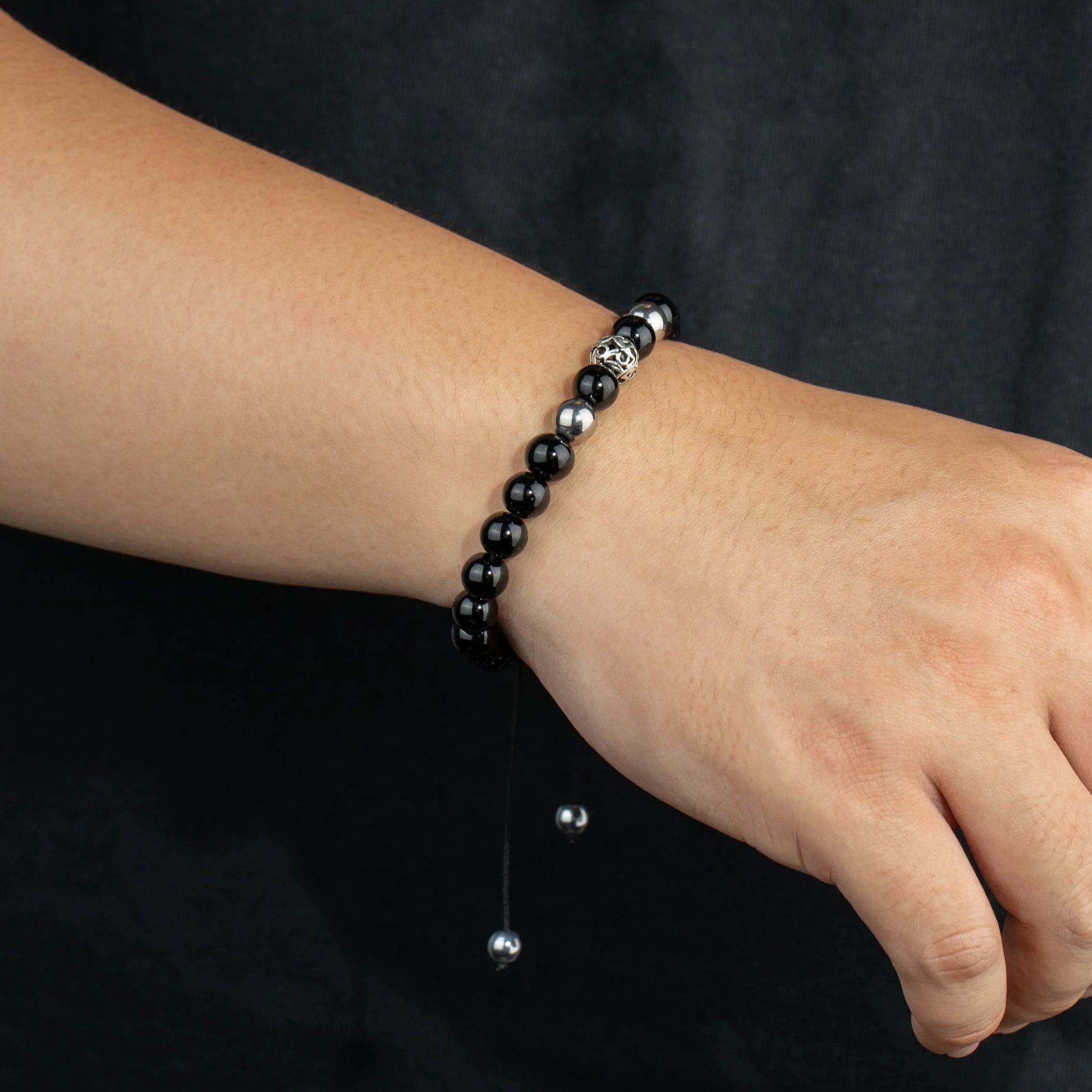 Ajatine black stone beaded bracelet, adjustable boho jewelry