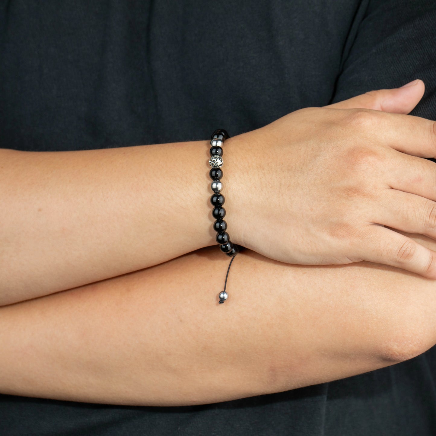Ajatine black stone beaded bracelet, adjustable boho jewelry
