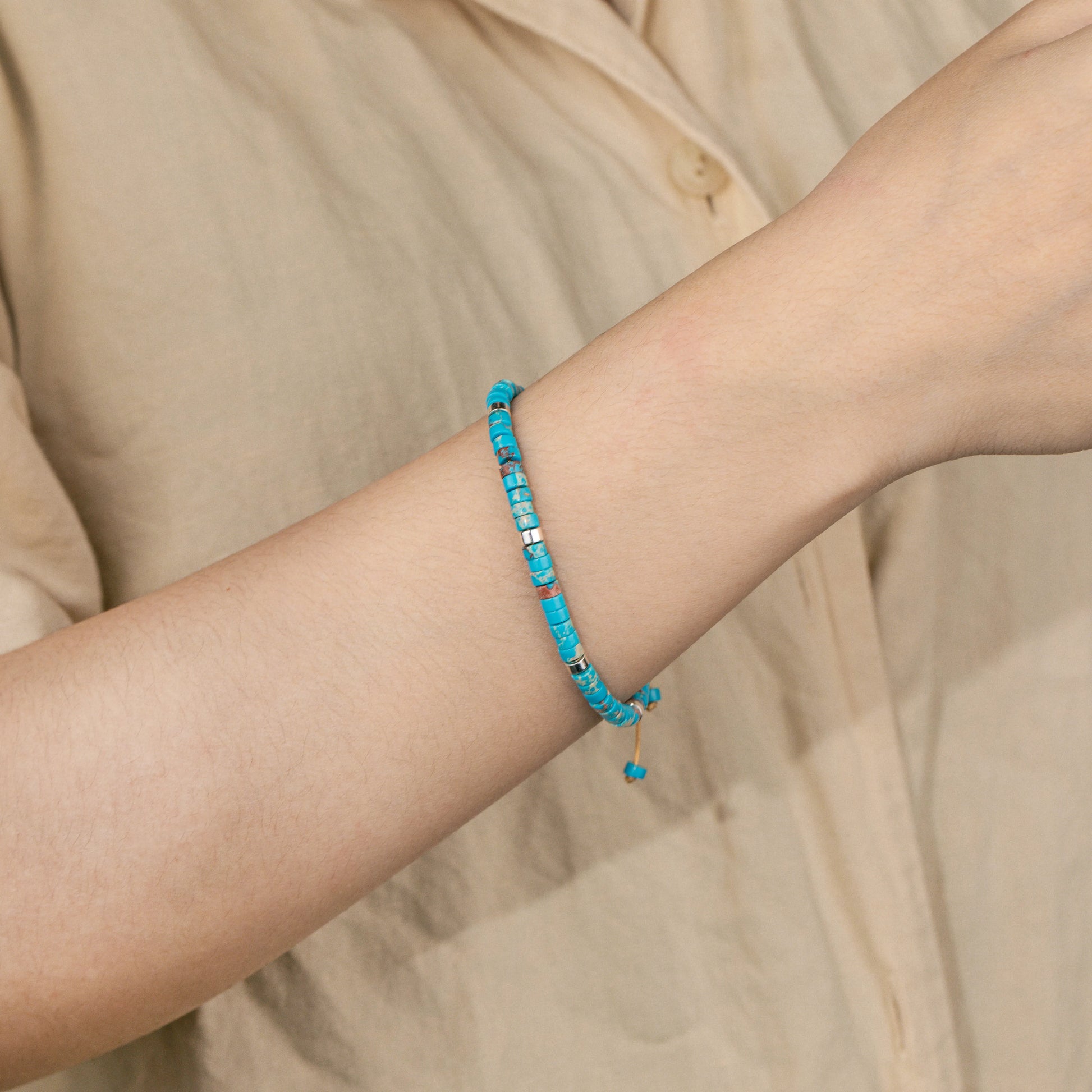 Ajatine blue emperor stone beaded bracelet, adjustable bohemian jewelry